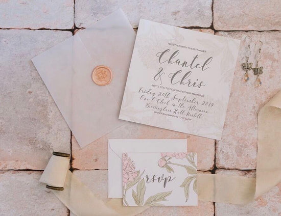 Chantel & Chris bespoke wedding stationery design by In The Details Design, romantic peony wedding invite design, floral rose gold wedding stationery