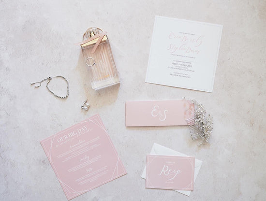 Erin & Steve bespoke wedding stationery design by In The Details Design, Pinks romantic with geometric details wedding invite design