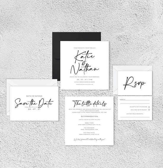 In The Details Joyce House Wedding Invite Collection, Modern calligraphy wedding invite design, bold wedding stationery design