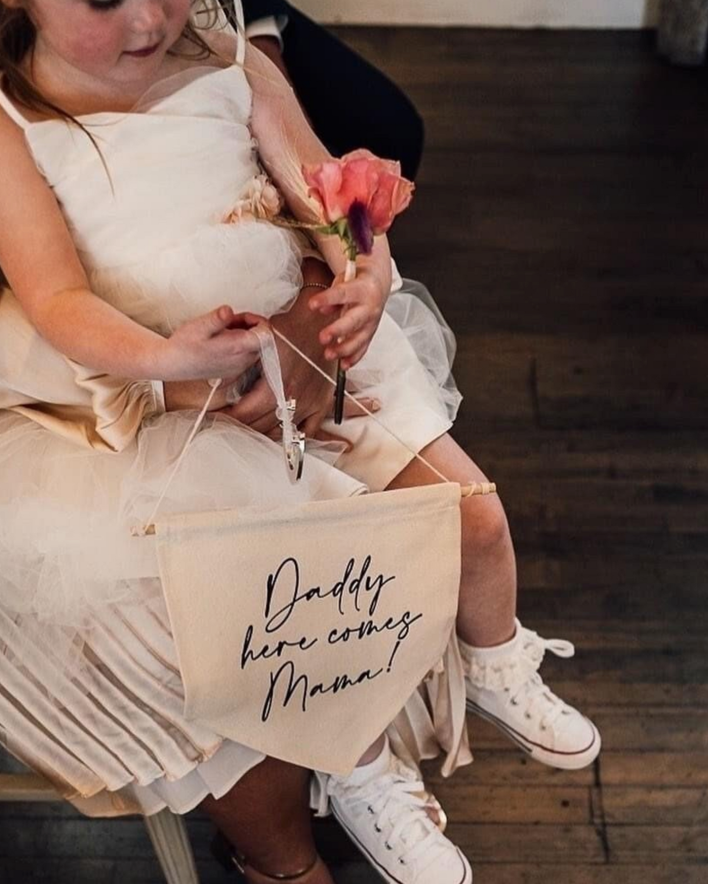 Daddy here comes wedding banner flag, child holding flag, wedding flower girl , children of the bride and groom, children at weddings, wedding signage, here comes the bride
