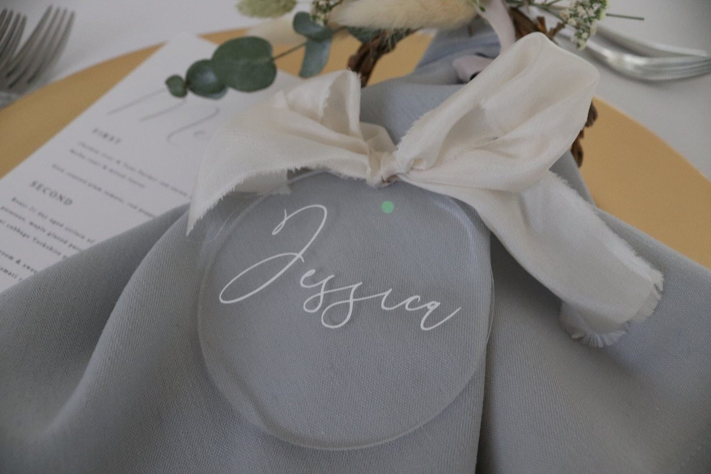 Wedding acrylic place names, silk ribbon , clear acrylic place names