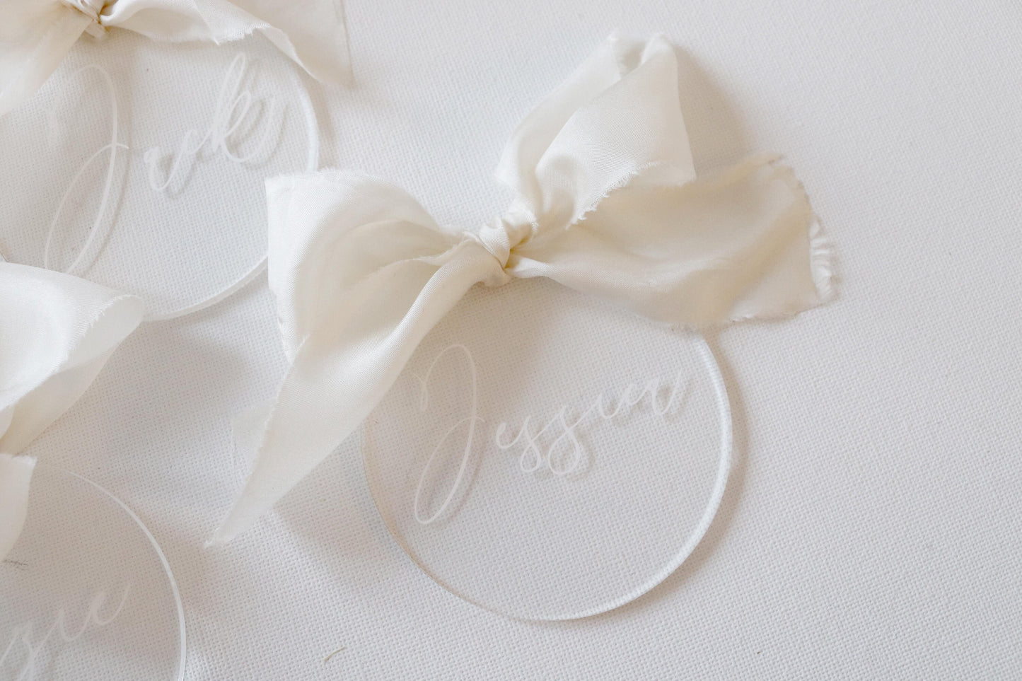 Wedding acrylic place names, silk ribbon , clear acrylic place names