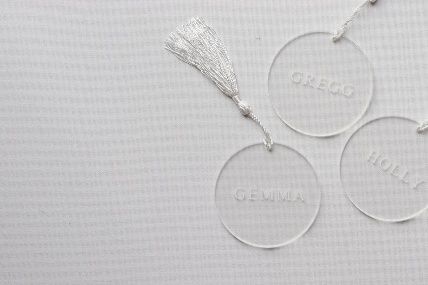 Wedding acrylic place names , clear acrylic place names with bold text and tassels