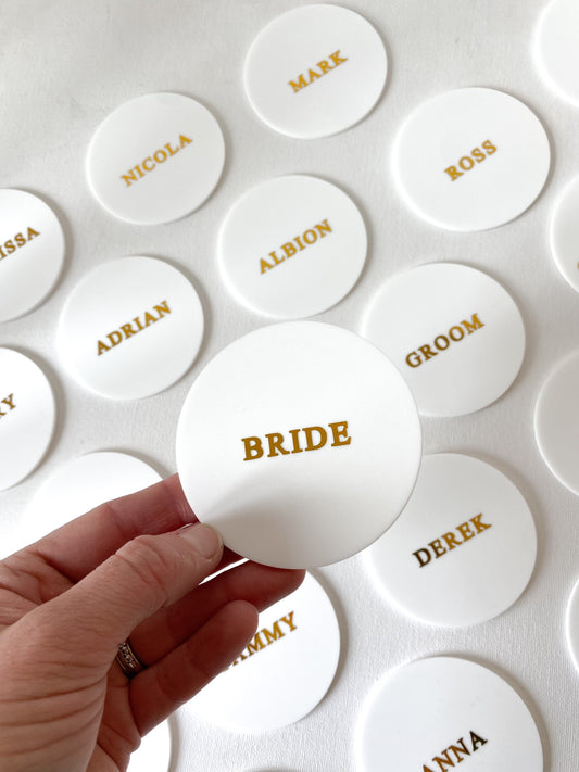 Acrylic wedding place names, round acrylic cake names, white acrylic with gold lettering , gold names on white acrylic 
