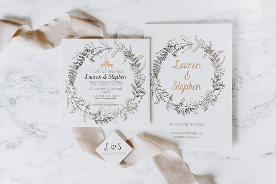 Lauren & Stephen bespoke wedding stationery design by In The Details Design, Wreath green and gold stag wedding invite design 