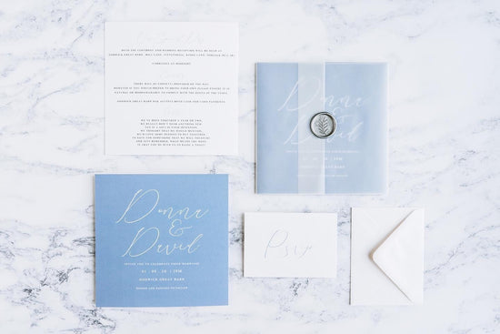 Donna & Dave bespoke blue wedding stationery design by In The Details Design, Aubry calligraphy blue wedding invite design