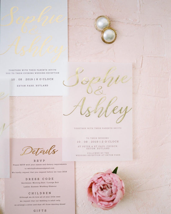 Sophie & Ashley bespoke wedding stationery design by In The Details Design, Vellum printed wedding invite design