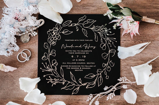 Nicola & Harry bespoke wedding stationery design by In The Details Design, Avery black with gold foil wedding invite design
