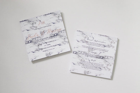 Sacha & Harvey bespoke wedding stationery design by In The Details Design, Marble and rose gold wedding invite design 