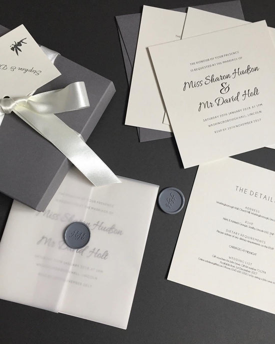 Sharon & David bespoke wedding stationery design by In The Details Design, luxury boxed with silver traditional foil wedding invite design 