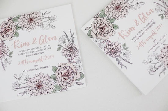 Kim & Glen bespoke wedding stationery design by In The Details Design, Hand sketch floral wedding invite design 