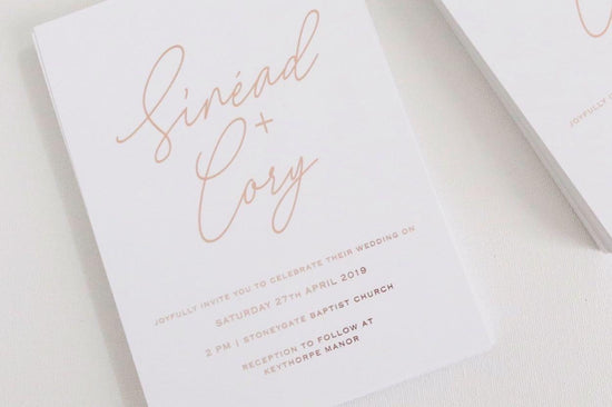 Sinead & Cory bespoke wedding stationery design by In The Details Design, rose gold foil wedding invite design 
