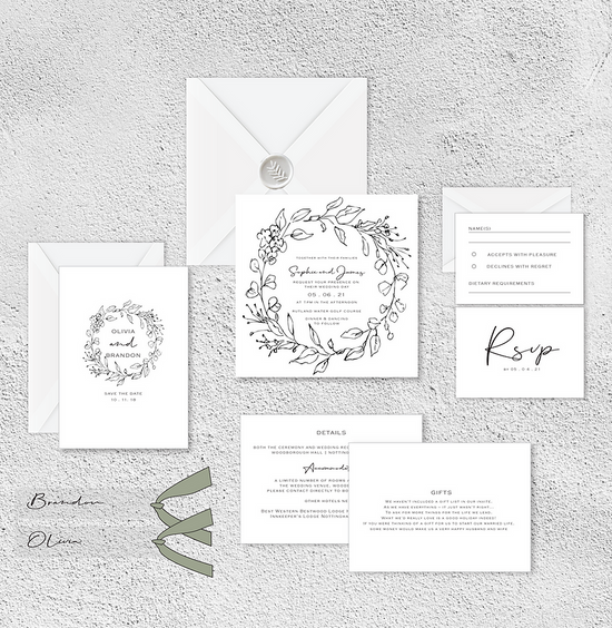 In The Details Avery House Wedding Invite Collection, Boho wreath wedding stationery design, hand sketch wreath wedding invite, boho wedding invite design
