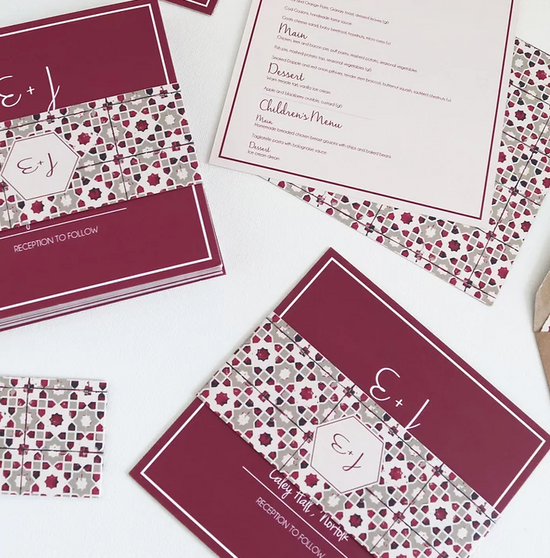 Elisa & Grant bespoke wedding stationery design by In The Details Design, tile print wedding invite design 