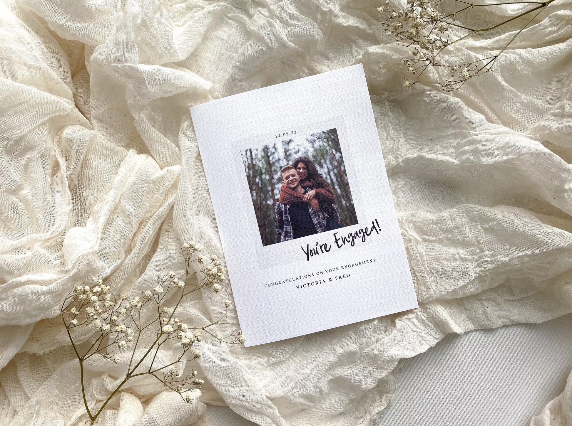 You’re engaged! Congratulations on your engagement, names of the couple, engagement date, personalised engagement card, keepsake card for the newly engaged couple. Engagement, just engaged, Polaroid style photo card 