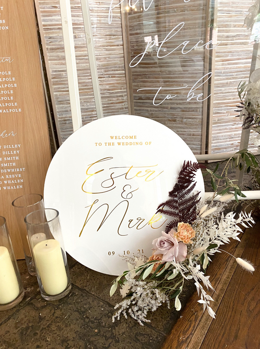 Acrylic wedding welcome sign, calligraphy style