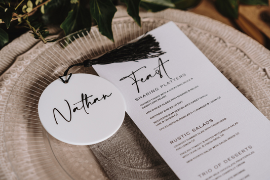 Wedding acrylic place names, acrylic place names, white acrylic disc with black lettering, with black tassel, tassel acrylic place names