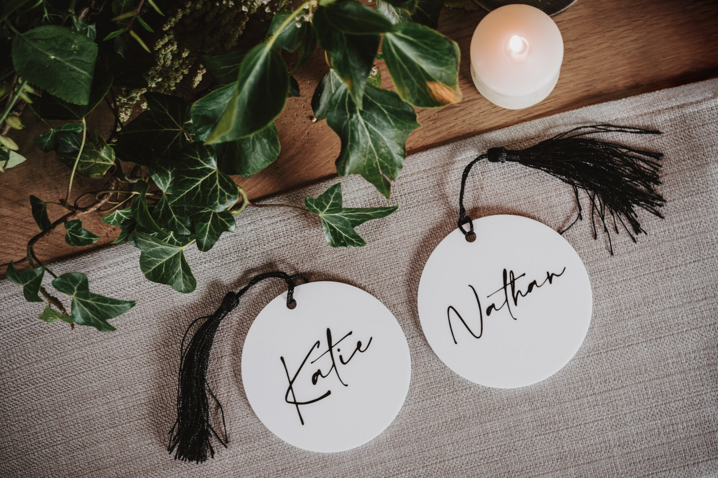 Acrylic Wedding Place Names with tassels