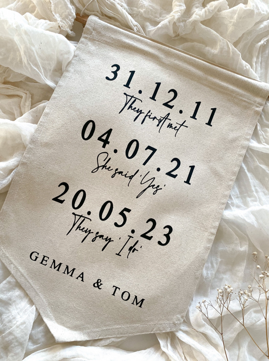 Large love story banner flag, personalised wedding engagement present