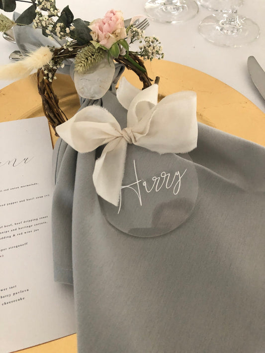 Wedding acrylic place names, silk ribbon , clear acrylic place names