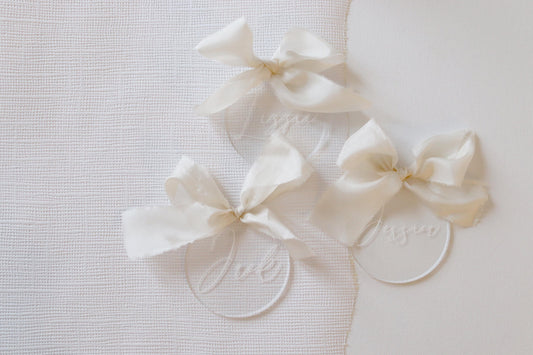 Wedding acrylic place names, silk ribbon , clear acrylic place names
