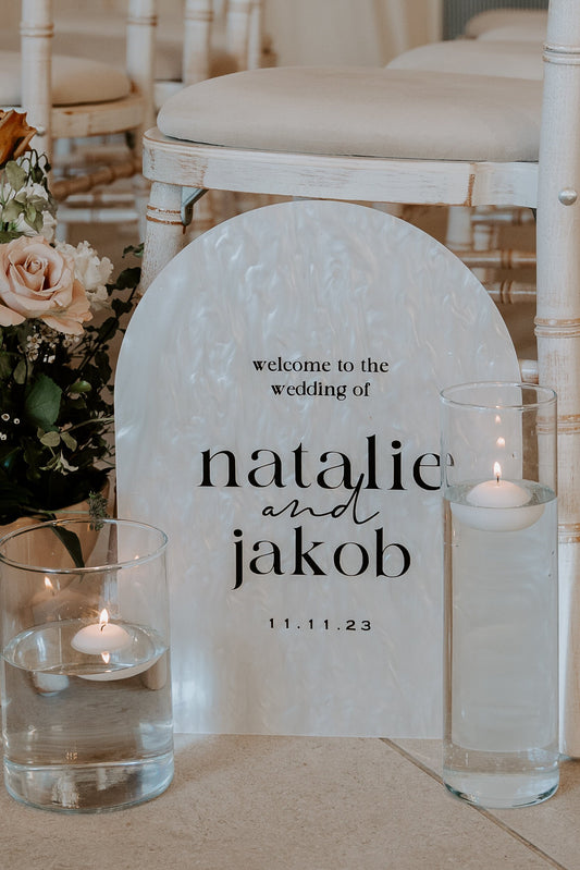 Acrylic arch welcome sign, wedding welcome sign, pearl marble acrylic , welcome sign , statement wedding decor , marble wedding acrylic , pearl acrylic , welcome to the wedding of , wedding date and couples names. Wedding photography, wedding stationery , wedding stationer , acrylic signage, acrylic wedding signage