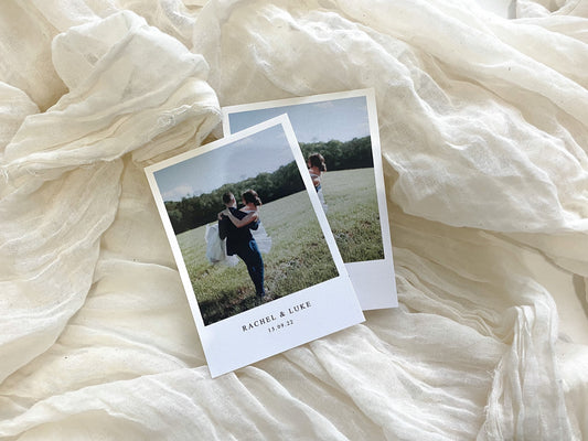 Polaroid style wedding thank you postcards
