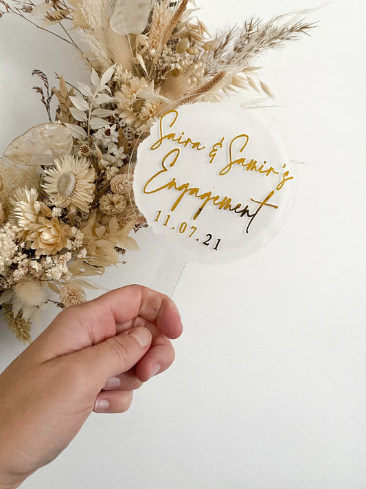 Engagement cake topper, personalised engagement cake topper, date, engagement date, happy engagement, acrylic engagement cake topper with the couples names and engagement date