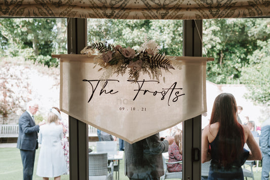 Extra large banner flag, statement wedding decor , weddings, wedding banner flag, the surname of the newlyweds, bride and groom , wedding date on the banner, personalised wedding banner flag, statement banner flag , custom order, personalised banner