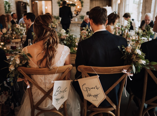 wedding banner flags, bride and groom wedding chairs, personalised banner flags for the bride and groom, wedding decor, wedding stationery
