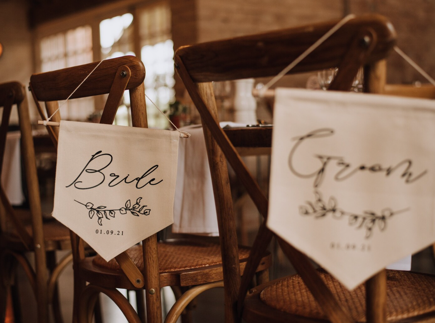 Bride and Groom wedding banner flags, wedding chair signs,