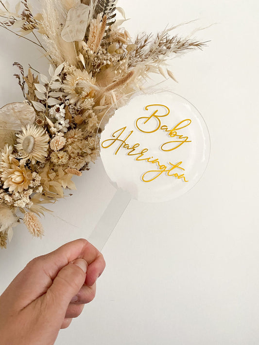 Baby shower cake topper, baby shower, baby surname , acrylic cake topper, Perspex cake topper