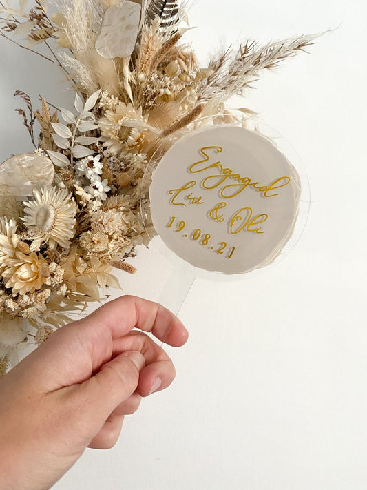 Engagement cake topper, personalised engagement cake topper, date, engagement date, happy engagement, acrylic engagement cake topper with the couples names and engagement date